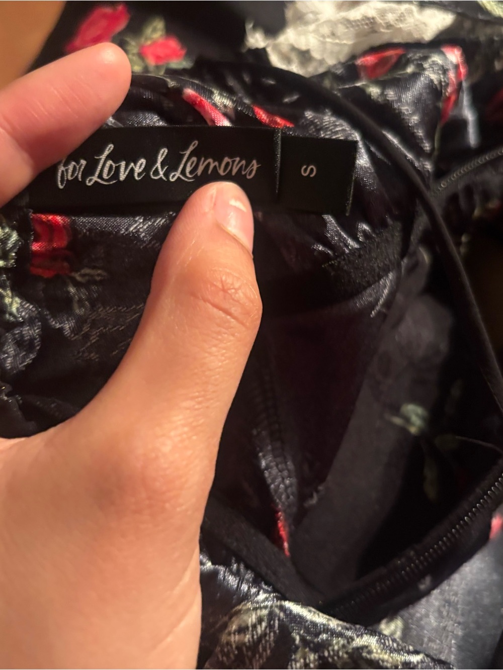 For Love And Lemons Black Dress with Red Rose Print and White Lace Trim - Picture 3 of 4